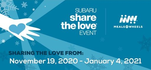 blue and white Subaru Share The Love logo with Meals on Wheels logo announcing promotion November 19 through January 4