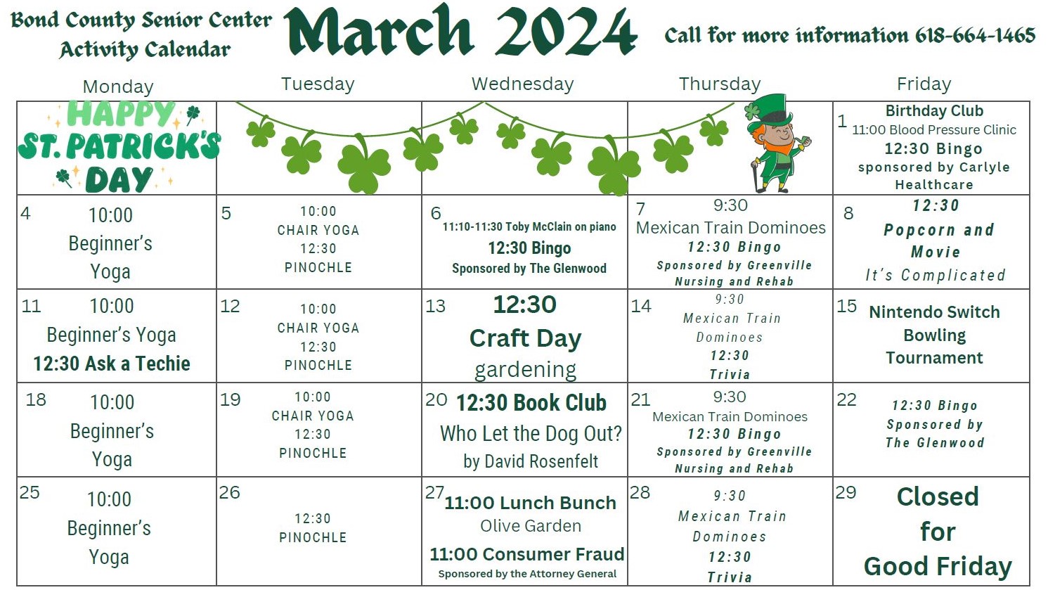 green grid of dates with happy St Patricks day garland shamrocks banner
