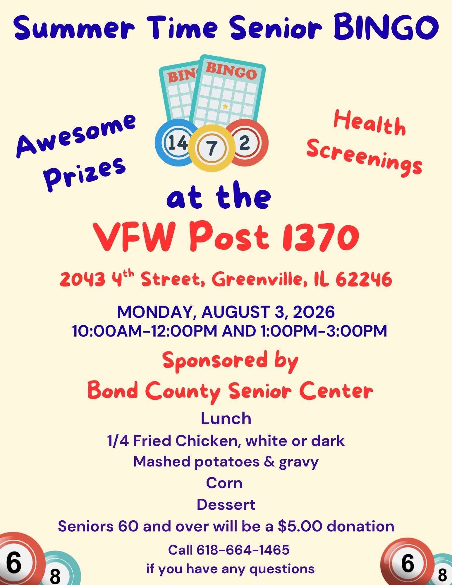 blue and red information flyer for VFW BINGO August 3 plus lunch