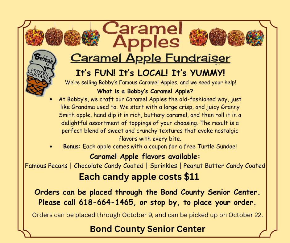 yellow and orange Bobby's Frozen Custard of Maryville, IL caramel apples fundraiser information flyer