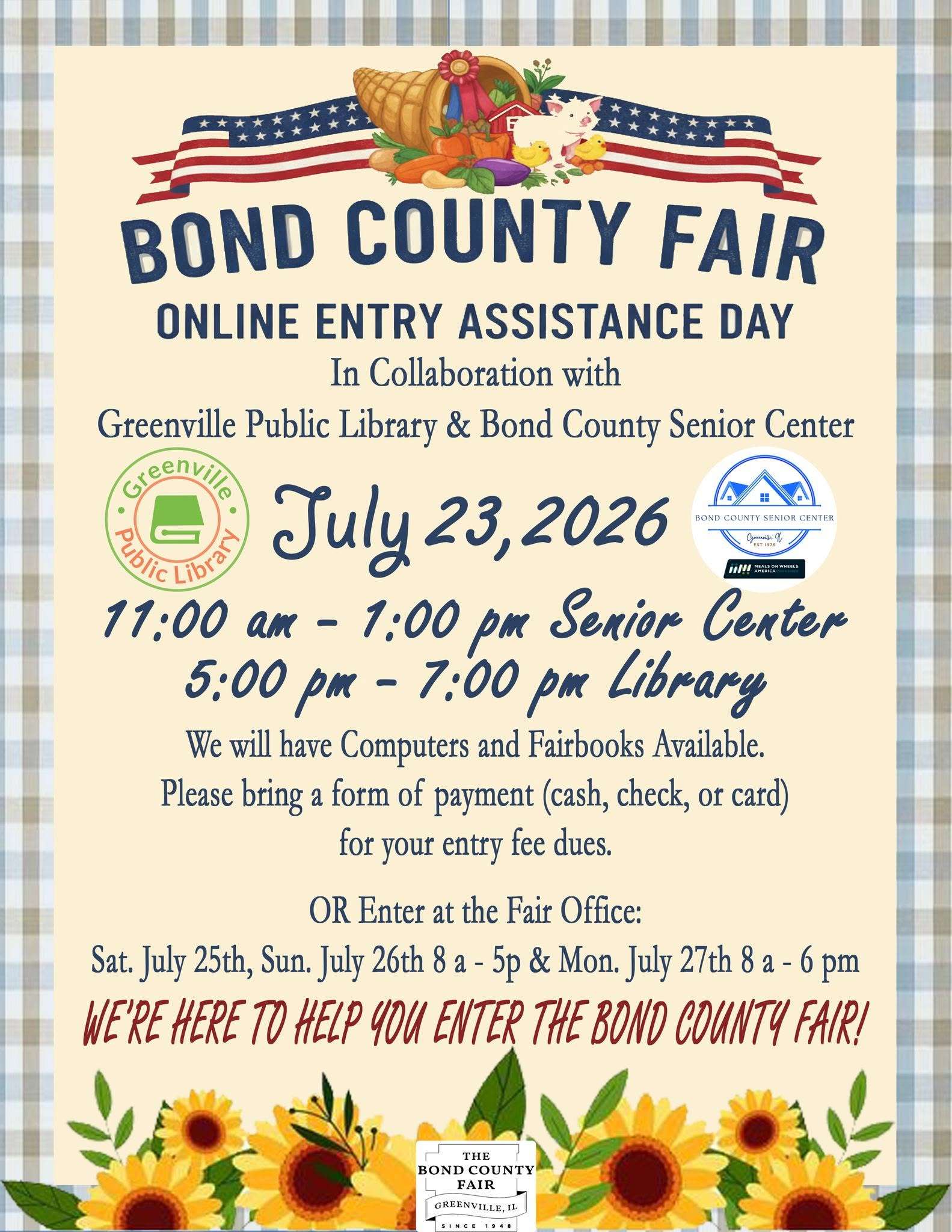 blue, red, and yellow information flyer for Bond County Fair online entry assistance day