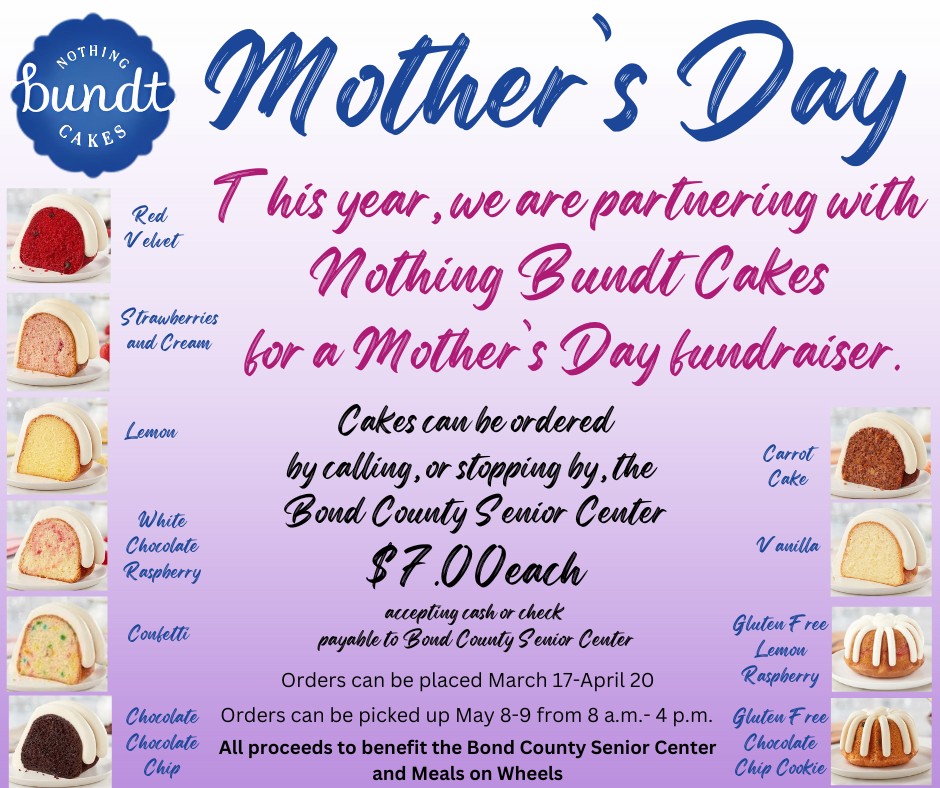 purple background, ten flavors of cat pictured, and blue text providing info on a Mother's Day Cake Sale Fundraiser
