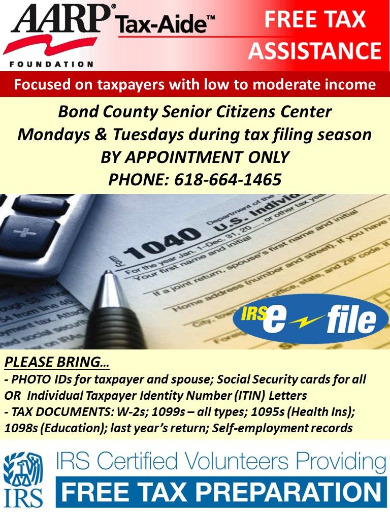 informational poster for AARP Foundation Tax Aide program at Bond County Senior Center