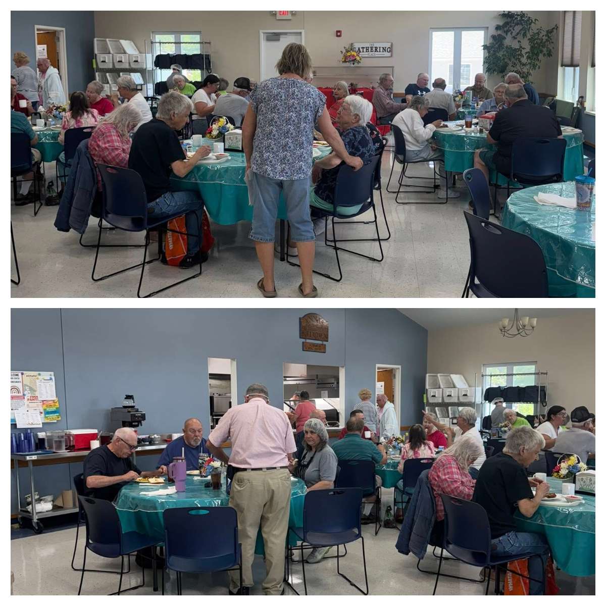 Community gathering in a bright hall, with elderly people seated at tables covered in turquoise tablecloths, enjoying a meal together.
